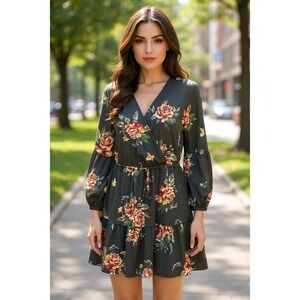 Maurices Floral Print Dress, Long Sleeve, Ruffle Tiered, Gray, Women's Medium